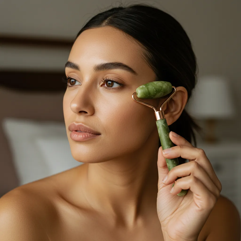 Femme massant délicatement son contour des yeux avec un rouleau de jade lors de sa routine beauté du matin