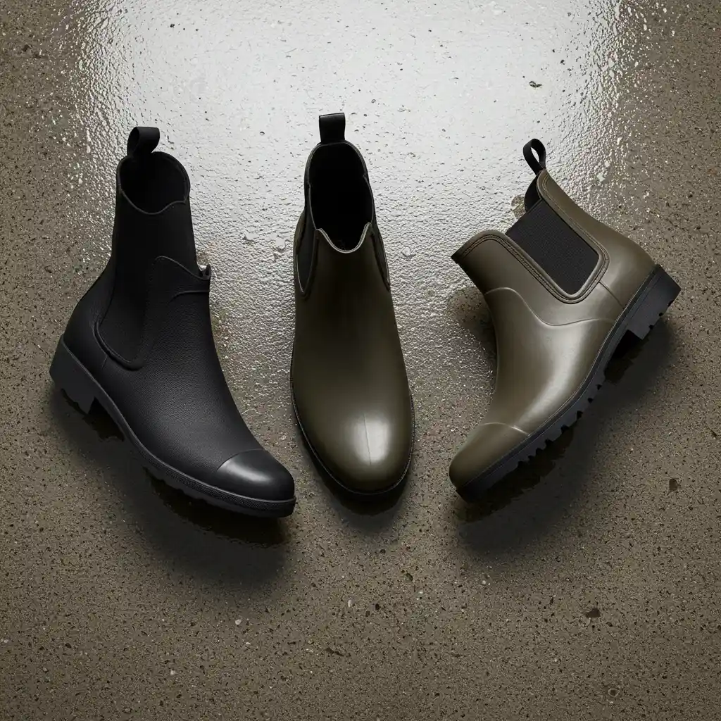 Comparaison de trois silhouettes de bottes de pluie élégantes : bottine basse, chelsea imperméable et modèle mixte cuir-caoutchouc