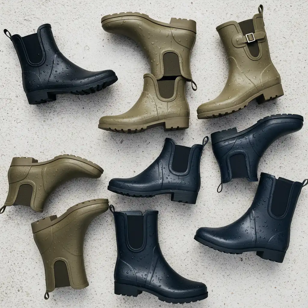 Sélection de bottes de pluie élégantes pour la ville à différents prix, vue de dessus sur fond gris clair