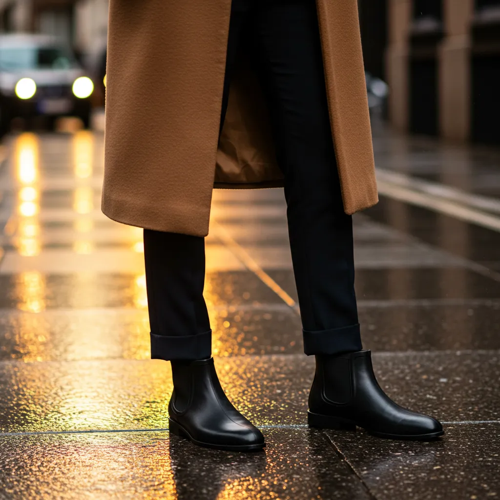 Tenue urbaine élégante avec bottes de pluie noires type chelsea, portées avec un pantalon tailleur et un manteau camel sous la pluie