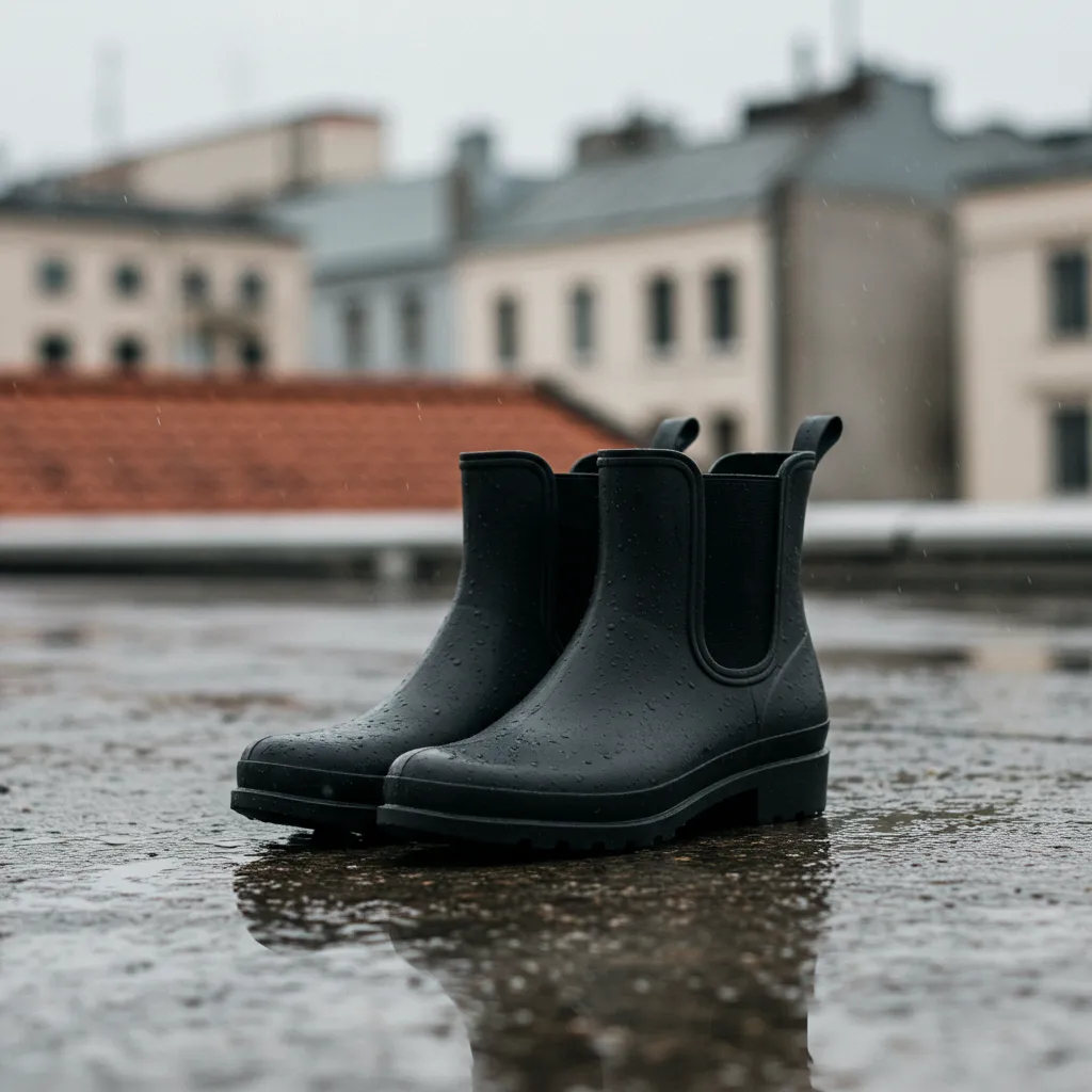 Paire de bottines de pluie noires élégantes sur une terrasse urbaine mouillée, fond de ville en bokeh