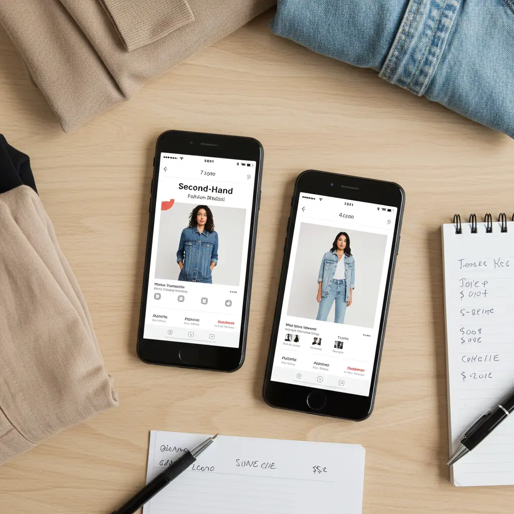 Deux smartphones affichant des plateformes de revente de mode posés sur un bureau avec des vêtements pliés et des notes de prix