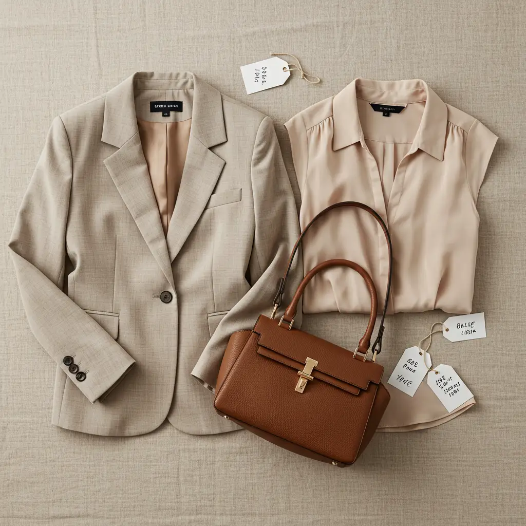 Vêtements de marque soigneusement disposés avec des étiquettes de prix manuscrites pour un vide-dressing