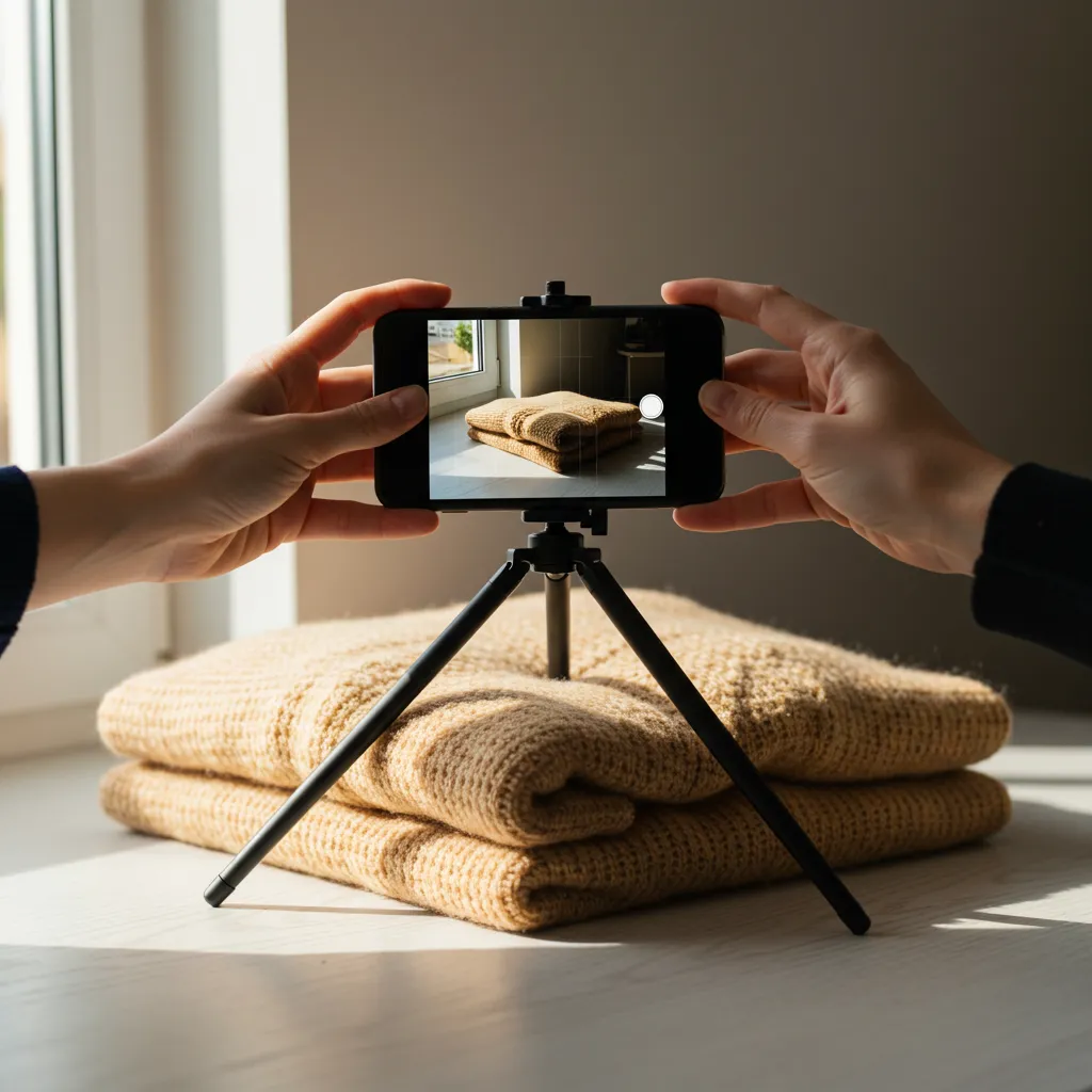 Mains prenant en photo un pull en cachemire plié pour une annonce de vide-dressing, avec lumière naturelle dorée