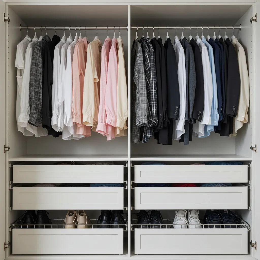 Dressing organisé avec vêtements triés par gamme de marques, des pièces accessibles aux articles de luxe