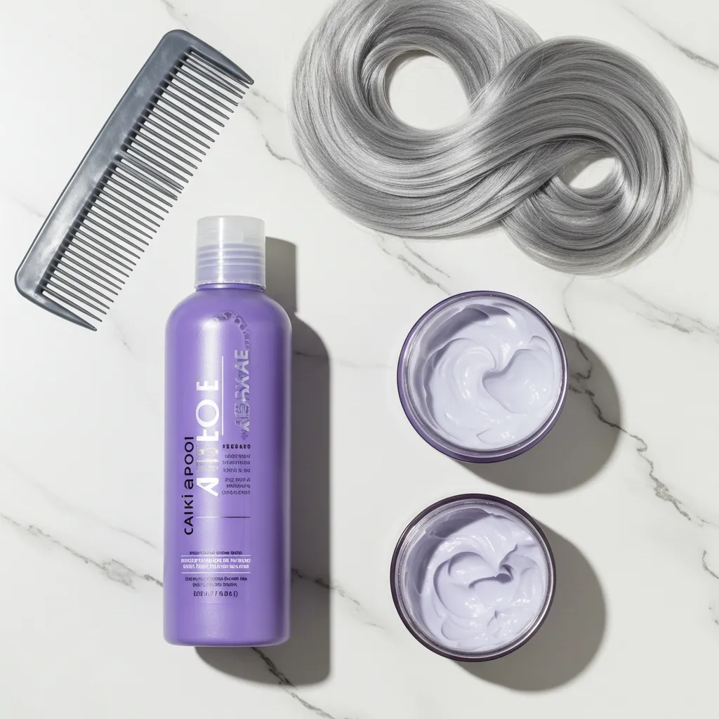 Produits capillaires spécialisés pour cheveux gris disposés en flat lay sur marbre blanc — shampoing neutralisant, masque et peigne