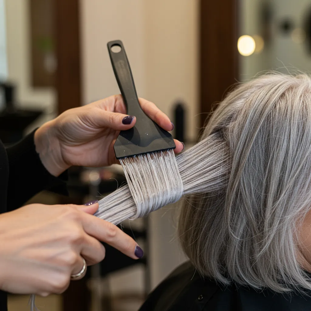 Coiffeuse appliquant une patine argentée sur des cheveux gris en salon, gros plan sur le soin capillaire