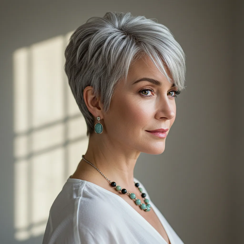 Femme d'une cinquantaine d'années arborant un élégant carré court gris argenté, coupe valorisante et moderne